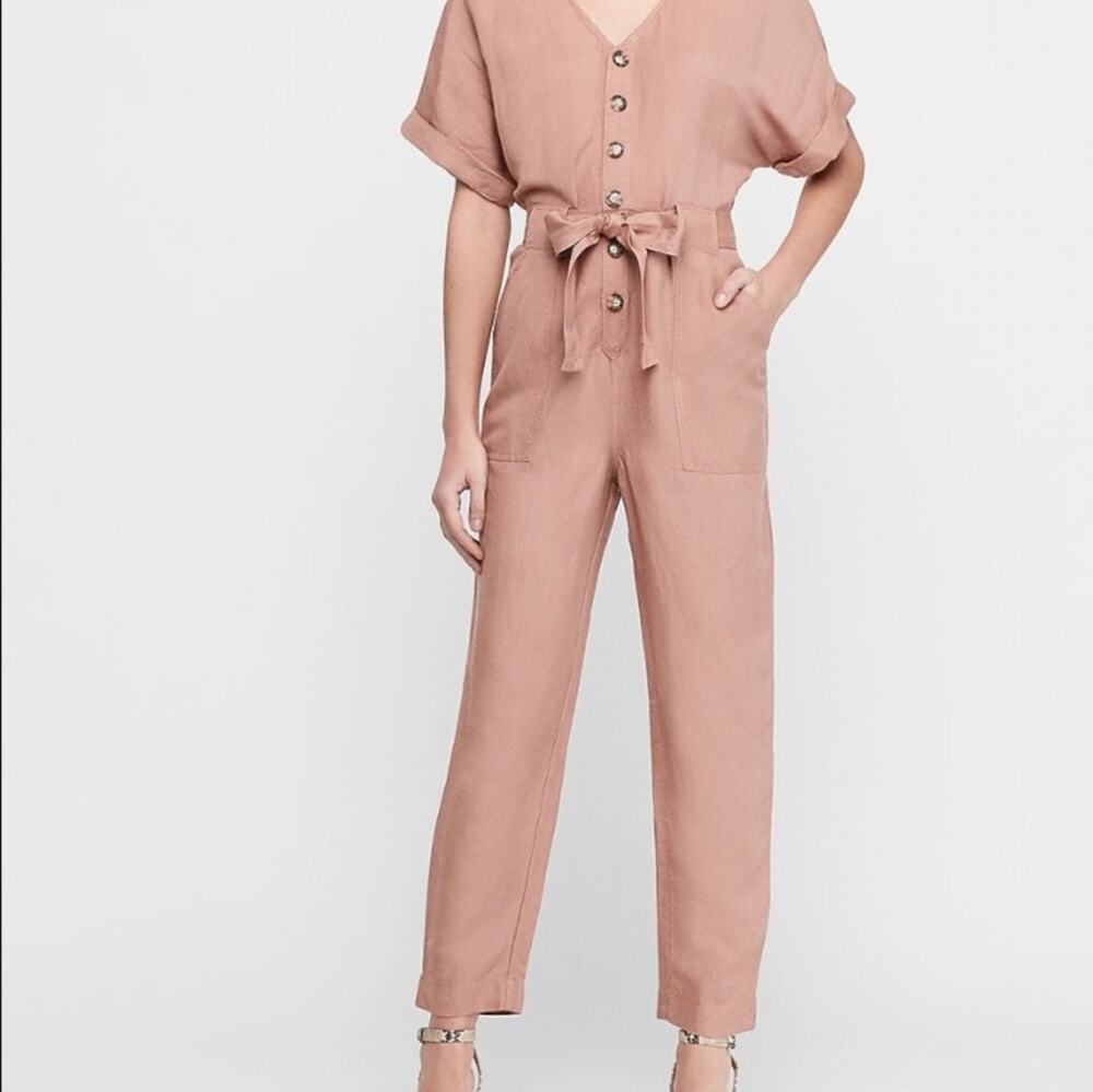 Express Dusty Pink Linen Blend Half Button Jumpsuit Size XS NWT